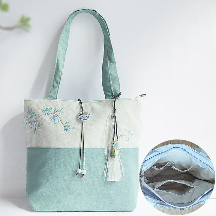 梨花 梅 桃の花 竹刺繍 キャンバス 大容量 ショルダーバッグ トートバッグ - image 1