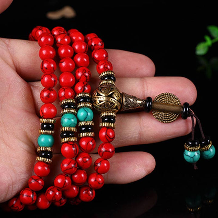 Buddha Stones チベットMala レッドターコイズの幸運 ネックレス＆ブレスレット