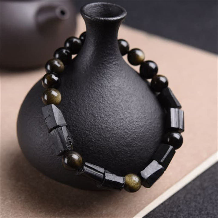 Buddha Stonesゴールドシーンオブシディアン ブラックトルマリン ウェルスブレスレット