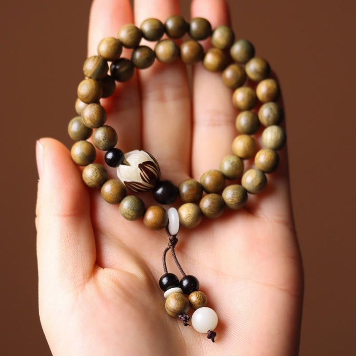 Buddha Stonesグリーンサンダルウッド 菩提樹の種子 蓮 癒しのダブルラップブレスレット