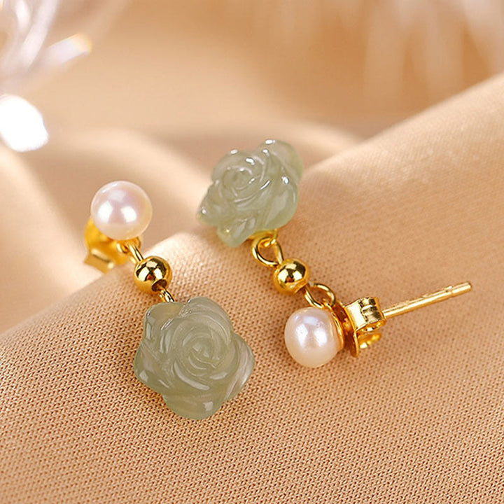 Buddha Stones 925スターリングシルバーメッキゴールド翡翠ローズフラワーシアン翡翠パール幸運イヤリング