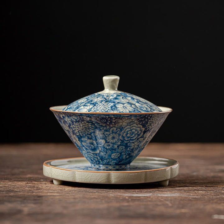 Buddha Stonesヴィンテージ青と白の磁器桃の花蓮牡丹セラミック蓋碗三彩ティーカップカンフーティーカップとソーサー蓋付き