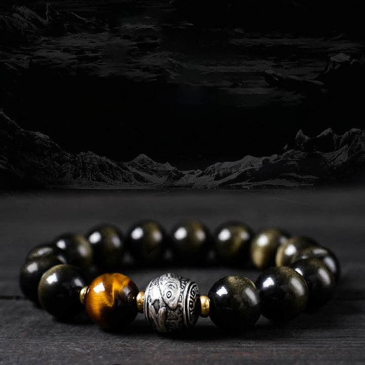 幸運の逆転を体験するBuddha Stonesレインボーオブシディアン ゴールドシャインオブシディアン 守護ブレスレット