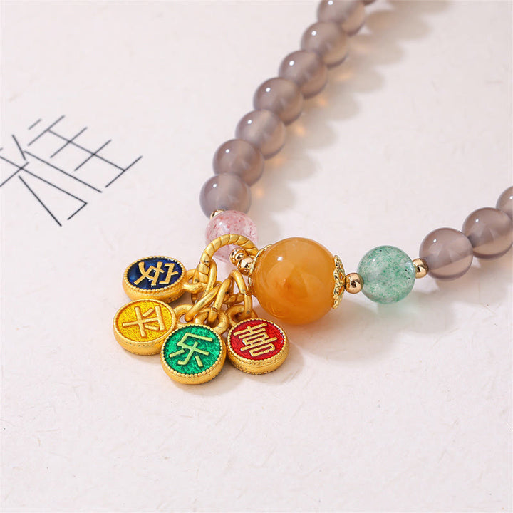 Buddha Stones天然グレーアゲート 平和と喜びのチャームバランス ダブルラップブレスレット