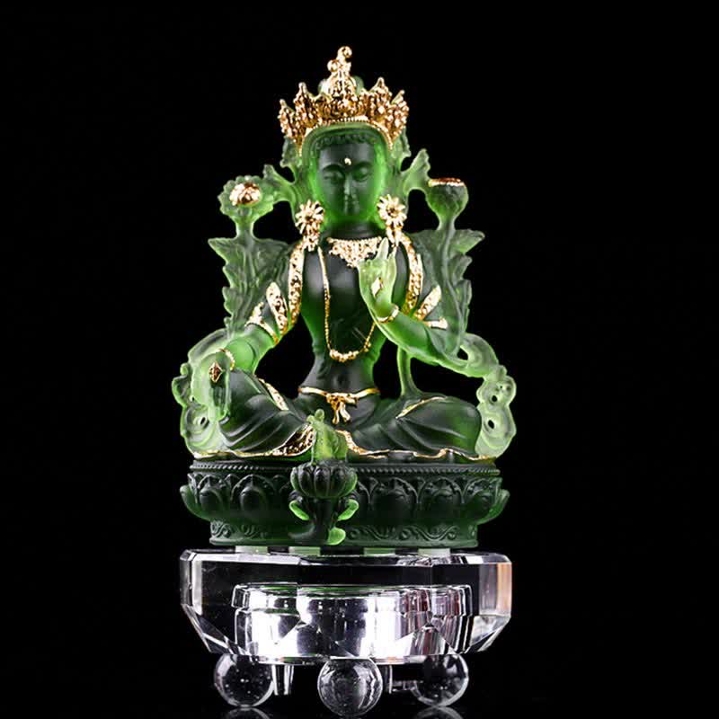 Buddha Stonesグリーンターラ ハンドメイド リュウリ クリスタル アートピース 守護 自宅 オフィス 像 装飾 - 8×6×12.8cm - ゴールドグリーンタラ＆ベース - image 13