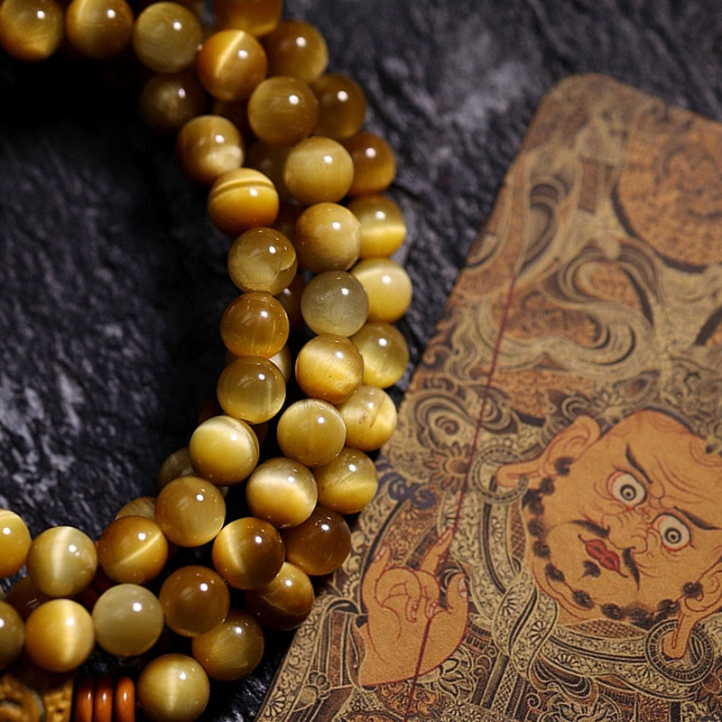 Buddha Stones 108Mala天然タイガーアイ 銅製 ドルジェ 守護 タッセルブレスレット