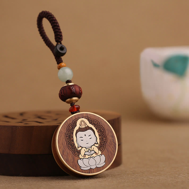 Buddha Stones黒檀木材ローズウッド仏観音菩薩Om Mani Padme Humバランス車のキーチェーン装飾