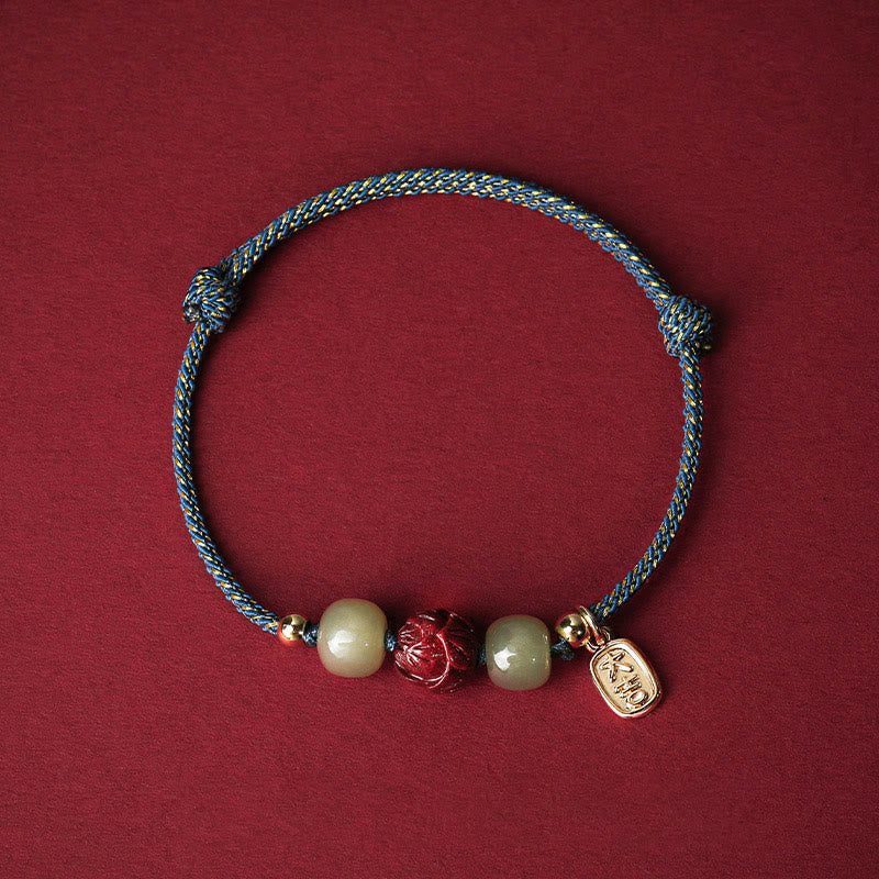 Buddha Stones14K ゴールドメッキ 和田翡翠 辰砂 蓮華 幸運 手作り ロープブレスレット - 青いロープ（手首周り13～18cm） - image 7