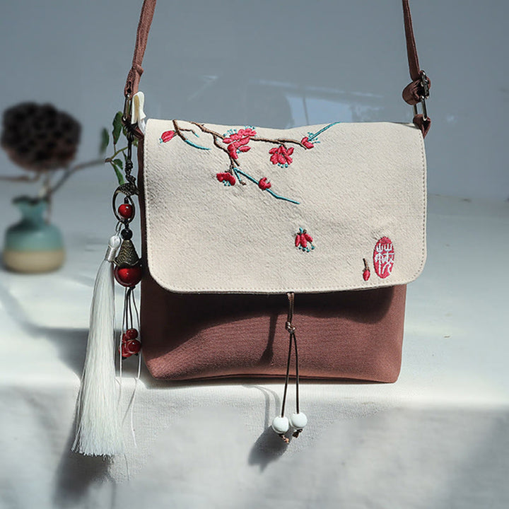Buddha Stonesハンドメイド刺繍梅花キャンバスクロスボディバッグショルダーバッグハンドバッグ