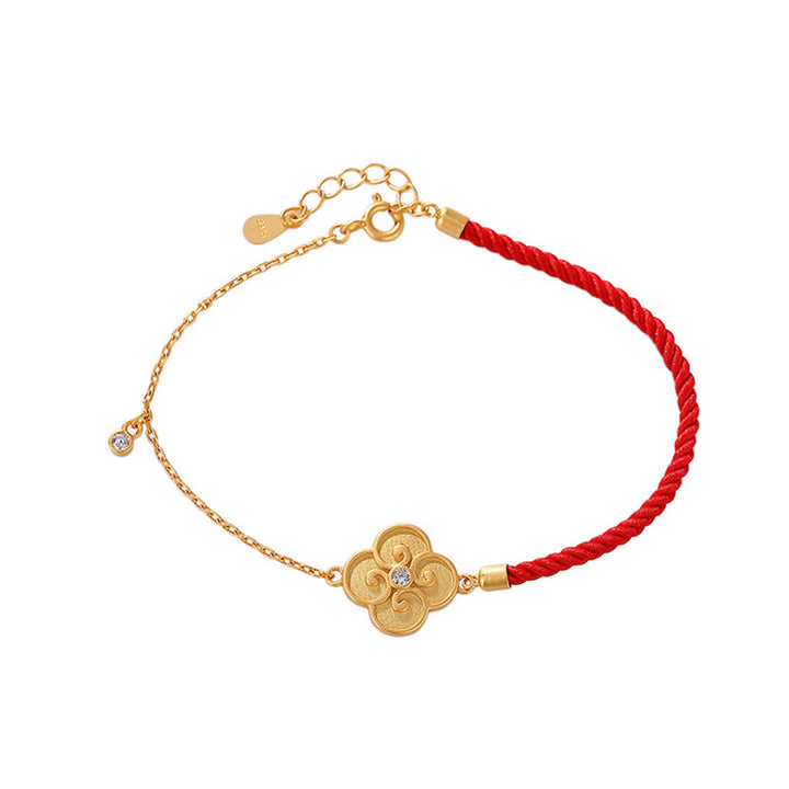 Buddha Stones925スターリングシルバー ゴールドメッキ 四つ葉のクローバー ジルコン 幸運のブレスレット