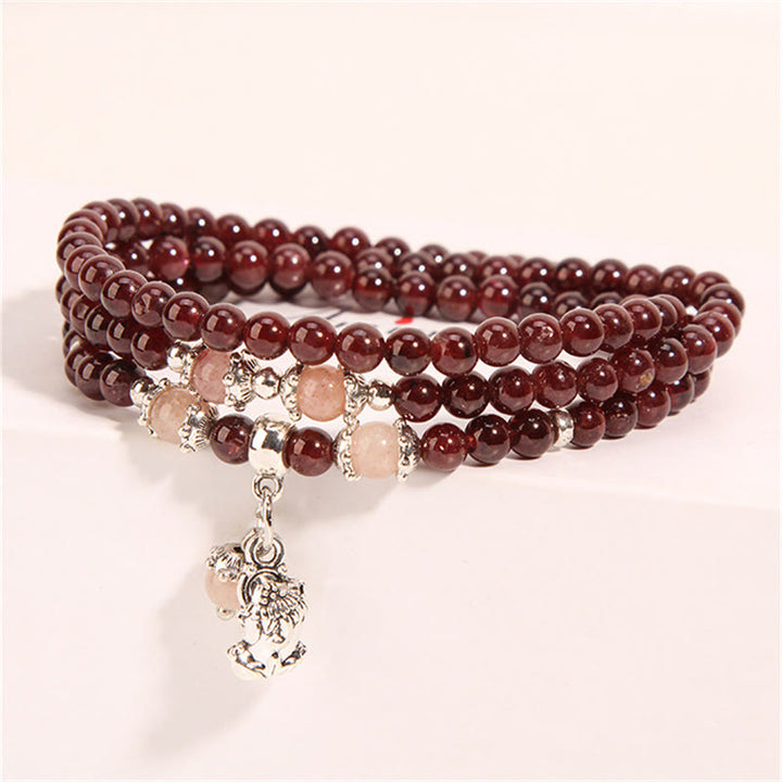 Buddha Stones天然ガーネット ストロベリークォーツ グリーンビーンズ 貔貅守護 トリプルラップブレスレット