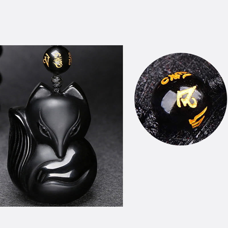 Buddha Stones天然黒曜石 タイガーアイ アイスオブシディアン フォックスペンダント お守りネックレス