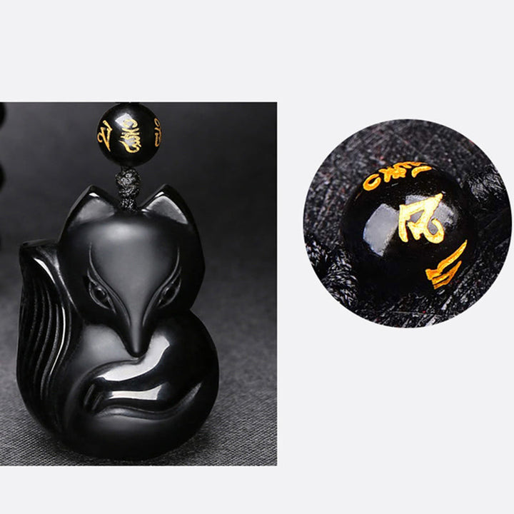 Buddha Stones天然黒曜石 タイガーアイ アイスオブシディアン フォックスペンダント お守りネックレス