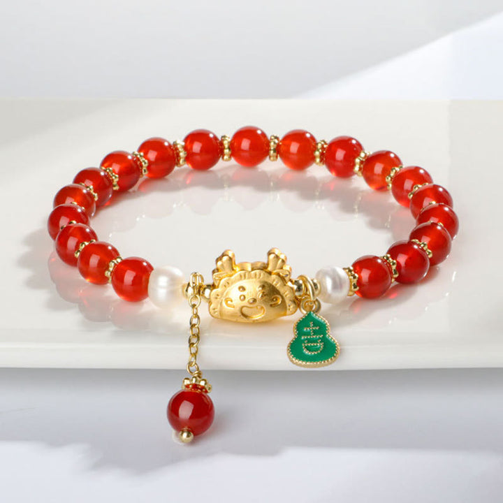 Buddha Stonesの年を表す天然石、赤瑪瑙、ピンククリスタル、黒オニキス、団子型の幸運のキャラクターブレスレット