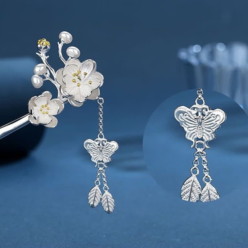 梅の花と蝶の愛と自由のタッセルヘアピン