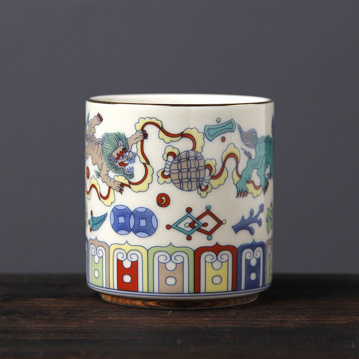 Buddha Stonesヴィンテージ 梅の花 松 竹 鳳凰 麒麟 獅子舞 陶器 ティーカップ ティーカップ