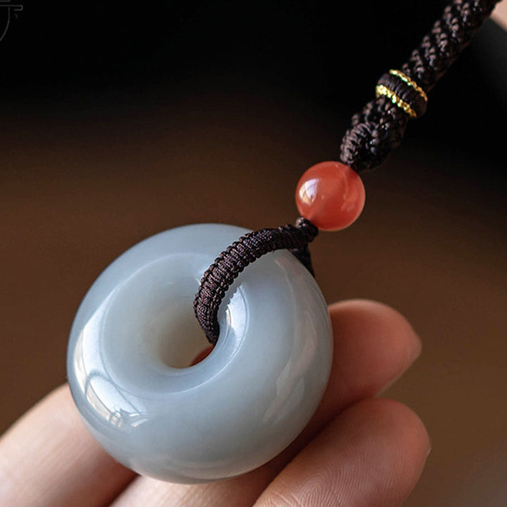 Buddha Stones天然丸翡翠グレー翡翠平和バックル幸運ネックレスペンダント
