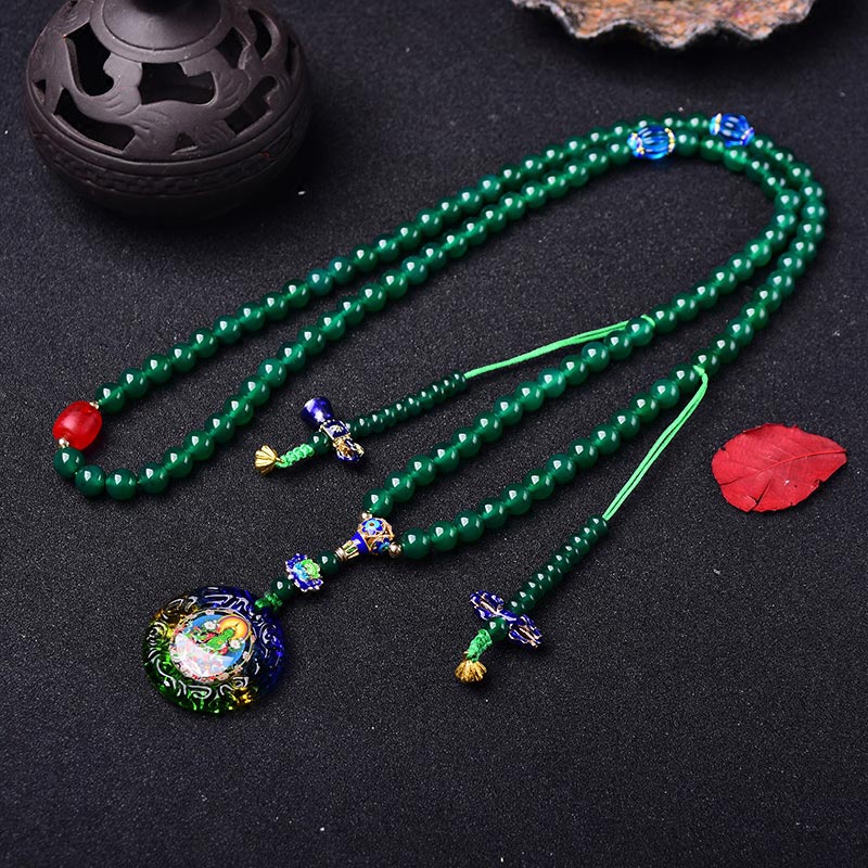 Buddha Stones 108Malaビーズ 天然グリーンアゲート 菩薩 グリーンターラ 顕現チャームブレスレット