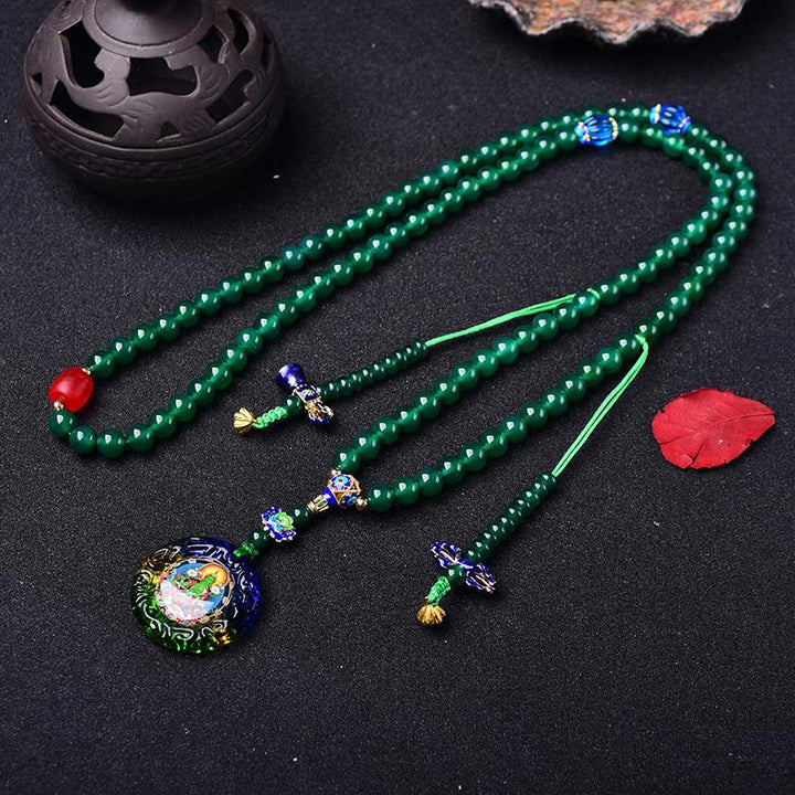 Buddha Stones 108Malaビーズ 天然グリーンアゲート 菩薩 グリーンターラ 顕現チャームブレスレット