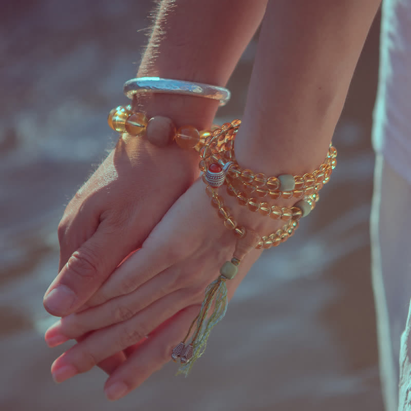 Buddha Stones 108マーラー数珠ビーズ 925 スターリングシルバー シトリン サンダルウッド ターコイズ 守護 繁栄 ブレスレット - image 1