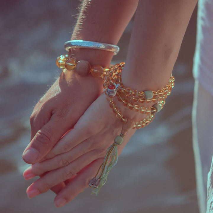 Buddha Stones 108マーラー数珠ビーズ 925 スターリングシルバー シトリン サンダルウッド ターコイズ 守護 繁栄 ブレスレット - image 1