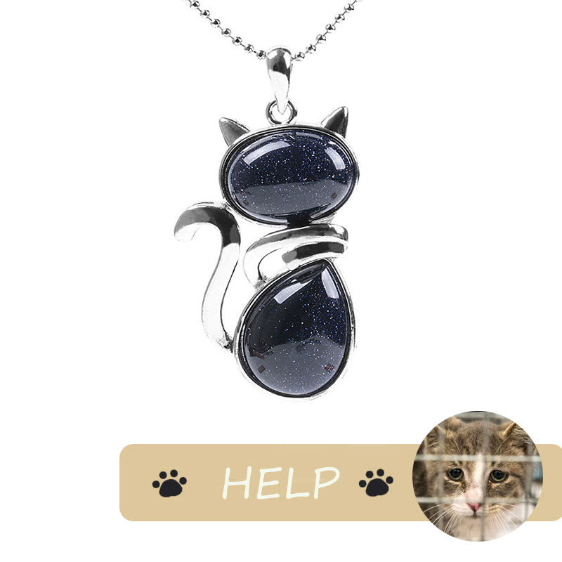 「Save A Cat」可愛い猫柄天然クリスタル守護猫愛ペンダントネックレス - 青い砂岩 - image 25