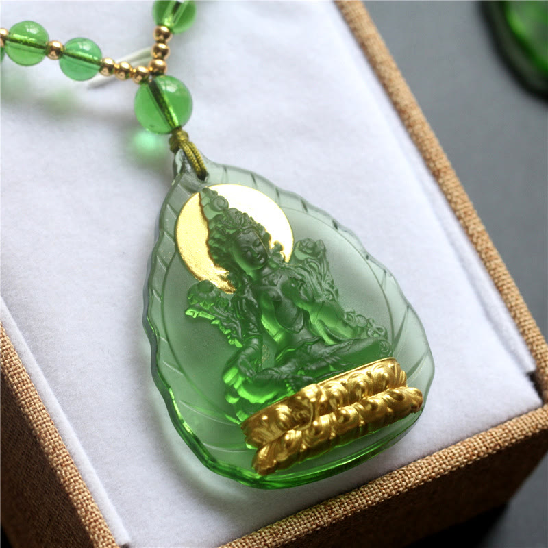 Buddha Stonesチベット グリーン ターラ仏 金メッキ リュウリ クリスタル 守護 ネックレス ペンダント - image 5