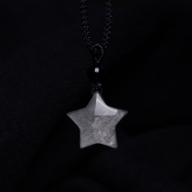 Buddha Stones天然銀光沢黒曜石 星 三日月 守護ネックレスペンダント