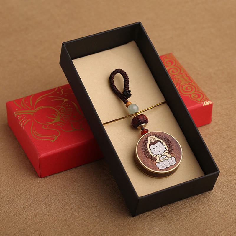 Buddha Stones黒檀木材ローズウッド仏観音菩薩Om Mani Padme Humバランス車のキーチェーン装飾