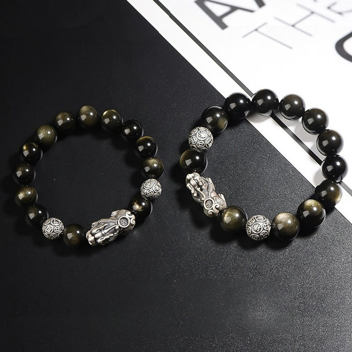 Buddha Stones925スターリングシルバー 天然ゴールド 光沢 黒曜石 貔貅 富の守護ブレスレット
