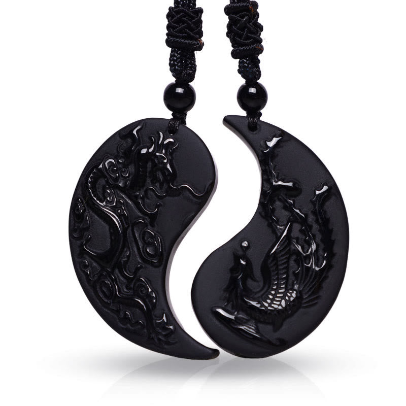 Buddha Stones黒曜石 陰陽龍鳳凰 幸運のネックレスペンダント - image 1