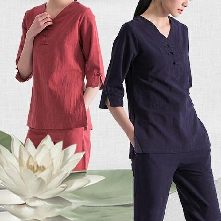 Buddha Stonesヨガ瞑想祈りVネックデザインコットンリネン服ユニフォーム禅練習レディースセット