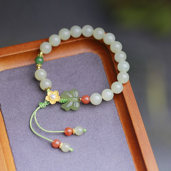 Buddha Stones925スターリングシルバー 翡翠 幸運の花 蝶 ブレスレット