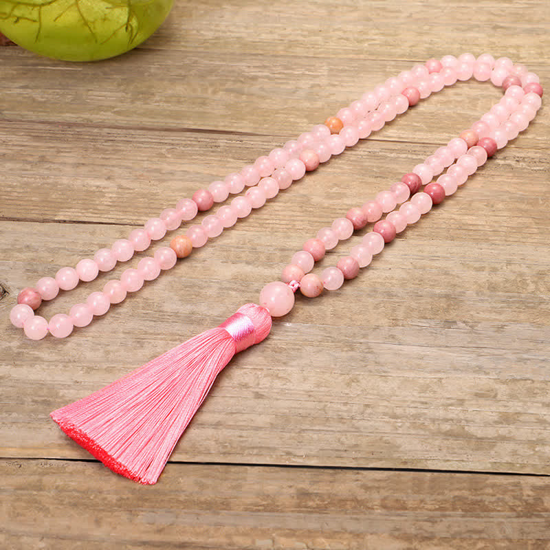 Buddha Stones108個入りMalaビーズ ピンククリスタル ラブタッセルブレスレット