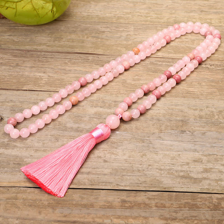 Buddha Stones108個入りMalaビーズ ピンククリスタル ラブタッセルブレスレット