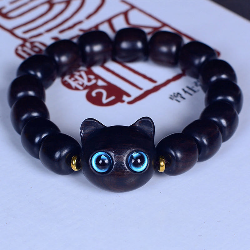 Buddha Stones、黒檀、琉璃ガラス、愛らしい猫の平和バランスブレスレット - 黒檀 12*11mm*15ビーズ（手首周り14-16cm） - image 16
