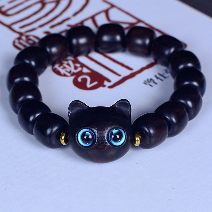 Buddha Stones、黒檀、琉璃ガラス、愛らしい猫の平和バランスブレスレット - 黒檀 12*11mm*15ビーズ（手首周り14-16cm） - image 16