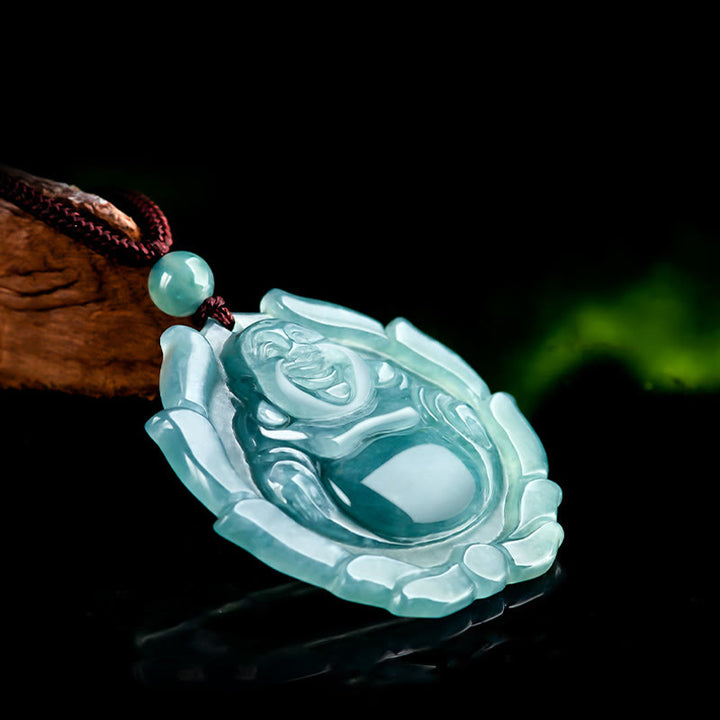 Buddha Stones天然翡翠 笑い仏 蓮の模様 幸運のネックレスペンダント - image 5