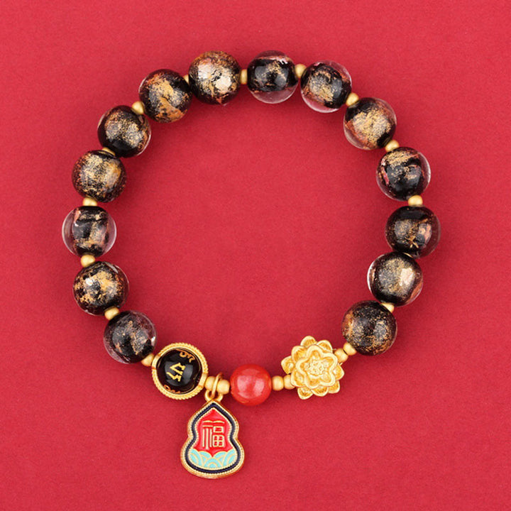 チベットのBuddha Stones、オーム・マニ・パドメ・フムフムフーのキャラクターひょうたんチャーム、蓮華座のガラスビーズ、幸運ブレスレット