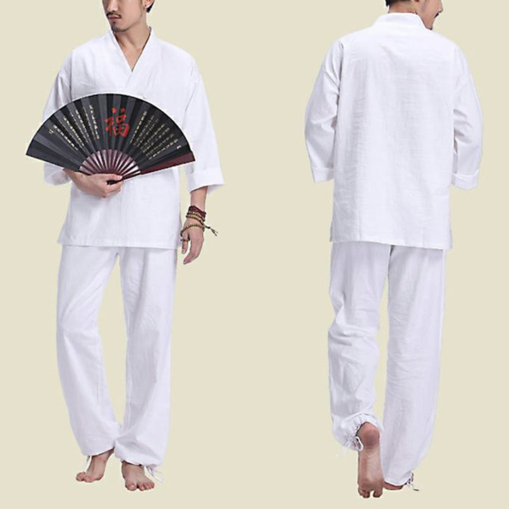 Buddha Stones瞑想祈りVネックデザインコットンリネンスピリチュアル禅練習ヨガウェアメンズセット - image 16