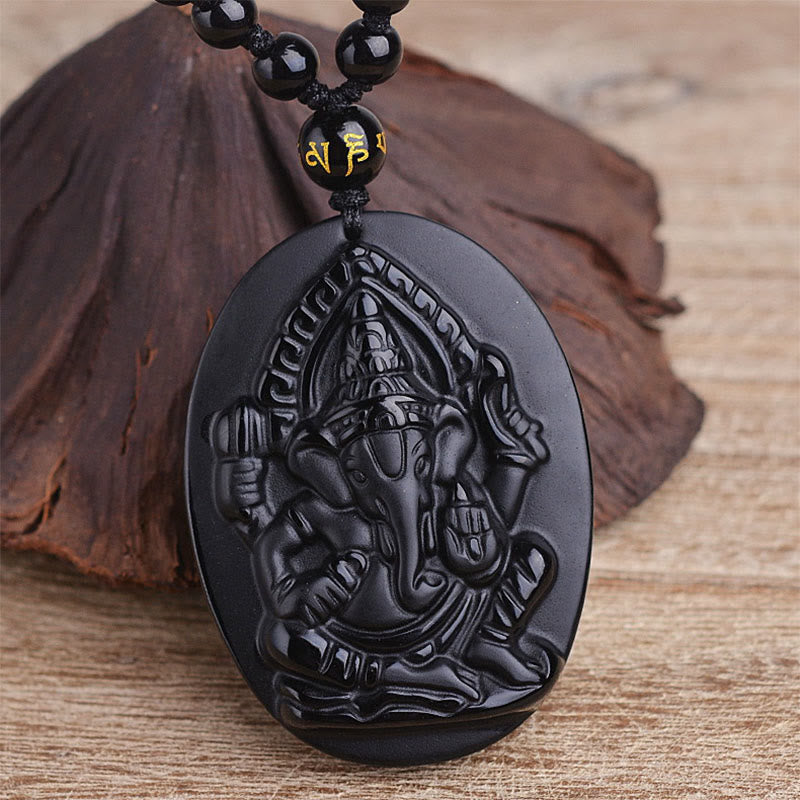 Buddha Stonesチベット黒曜石 ガネーシャ ガンパティ象 富のお守りネックレス