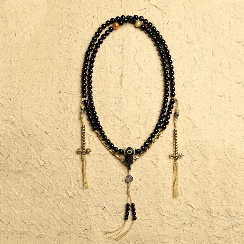 Buddha Stonesチベット 108 個Malaビーズ ブラックオニキス 三目 ジービーズ 守護ブレスレット