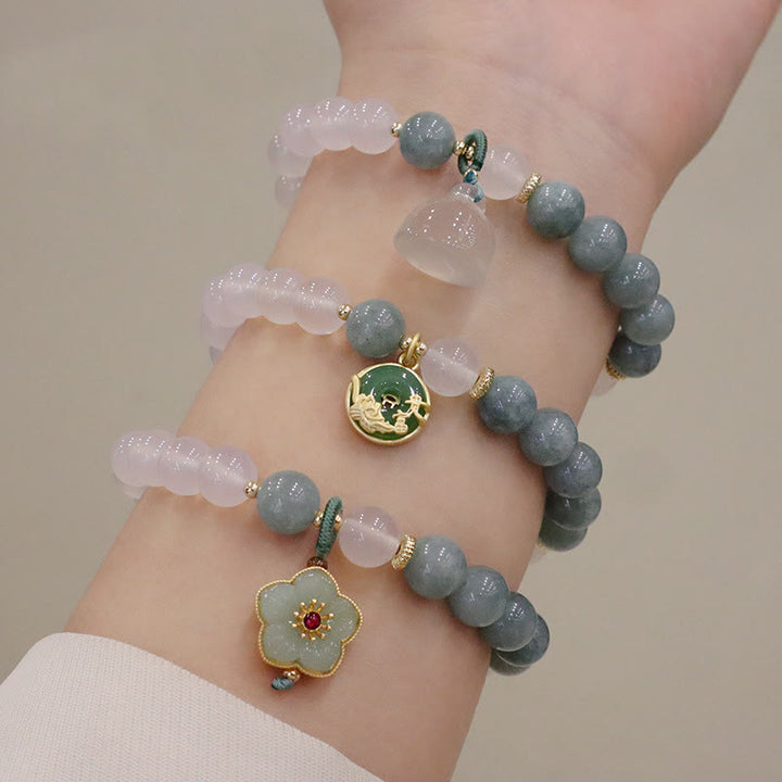 Buddha Stones白瑪瑙 翡翠 蓮の花 平和バックル 守護ブレスレット