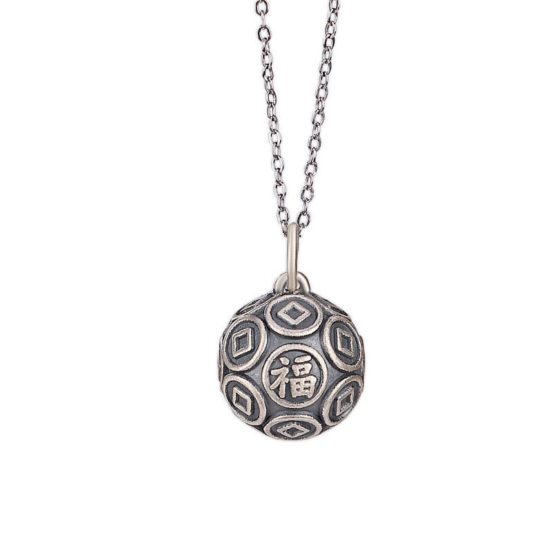 Buddha Stones990 スターリングシルバー 福文字 銅貨 幸運 幸運 チェーンネックレス ペンダント