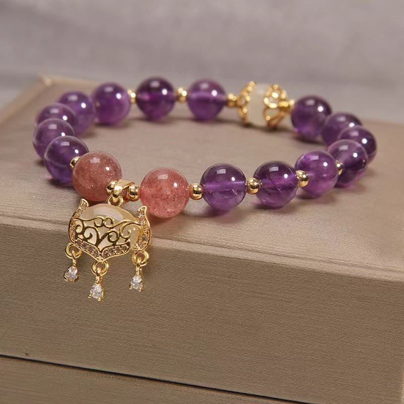 Buddha Stones天然アメジスト ストロベリークォーツ キャッツアイ 中国ロックチャーム ヒーリングブレスレット - image 4