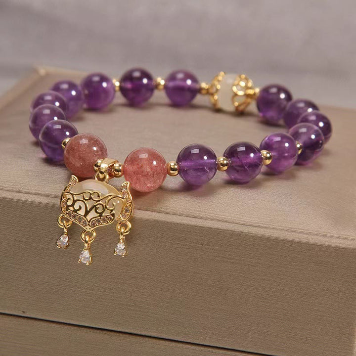 Buddha Stones天然アメジスト ストロベリークォーツ キャッツアイ 中国ロックチャーム ヒーリングブレスレット - image 4