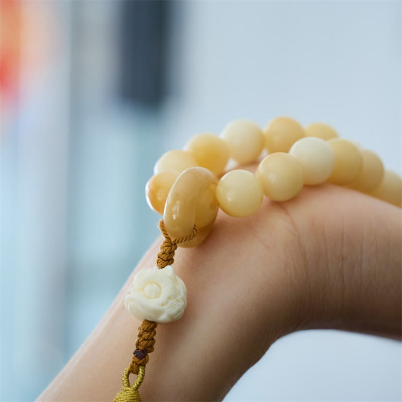 Buddha Stones天然菩提樹 象牙 フルーツ ダンシングライオン チャーム ハーモニータッセル リストMala