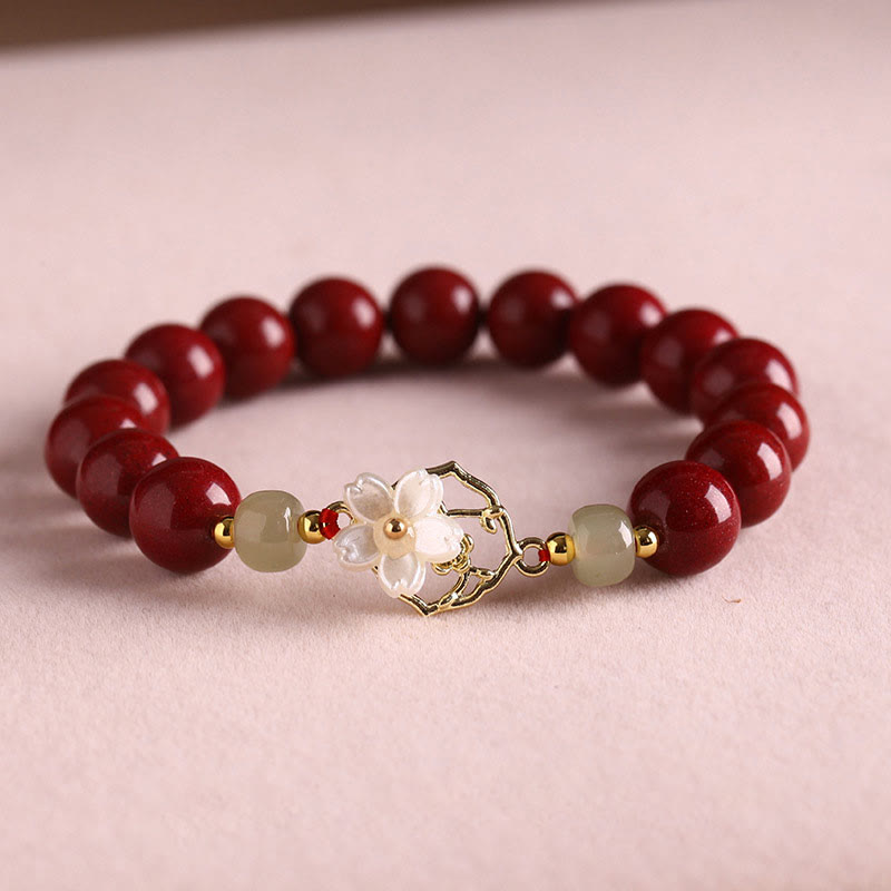 Buddha Stones天然辰砂翡翠ビーズ入りシャコガイ石花の祝福ブレスレット