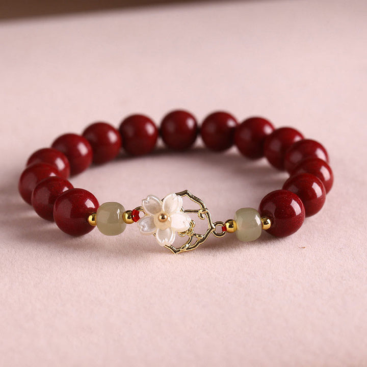 Buddha Stones天然辰砂翡翠ビーズ入りシャコガイ石花の祝福ブレスレット
