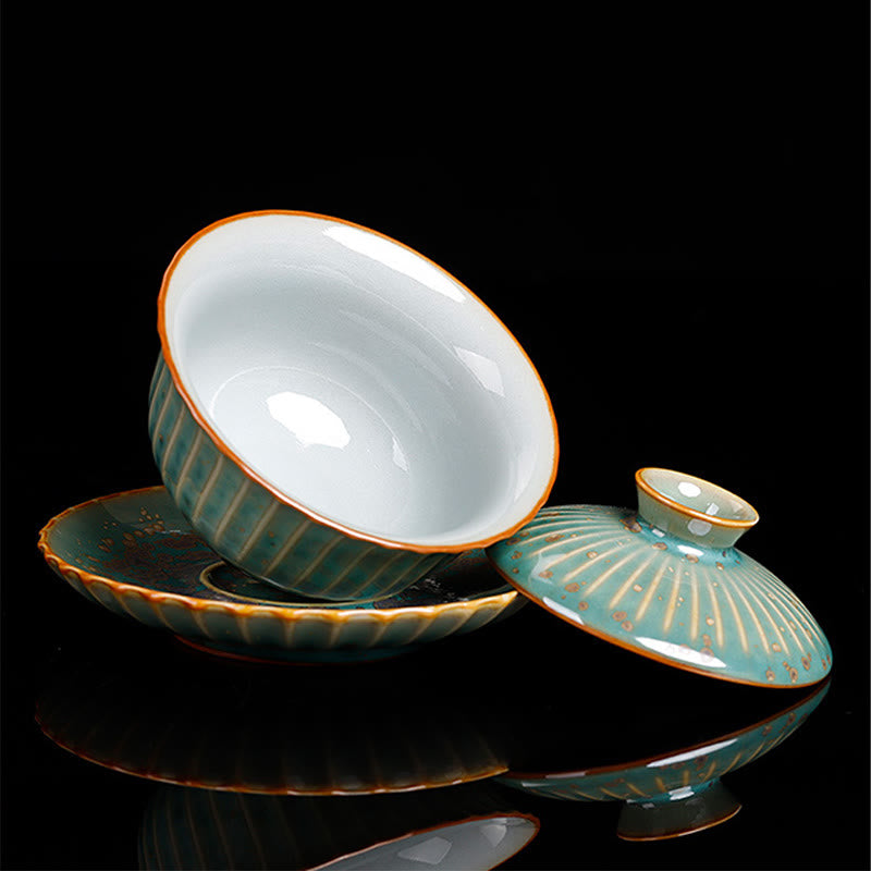 Buddha Stonesレトロ釉窯変陶器 蓋碗三彩 ティーカップ カンフーティーカップ＆ソーサー 蓋付き - image 9
